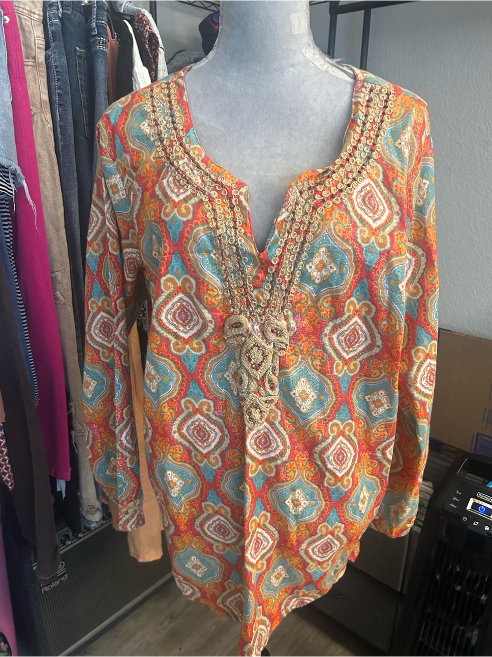 new directions Beaded Paisley Tunic in Orange & Teal
